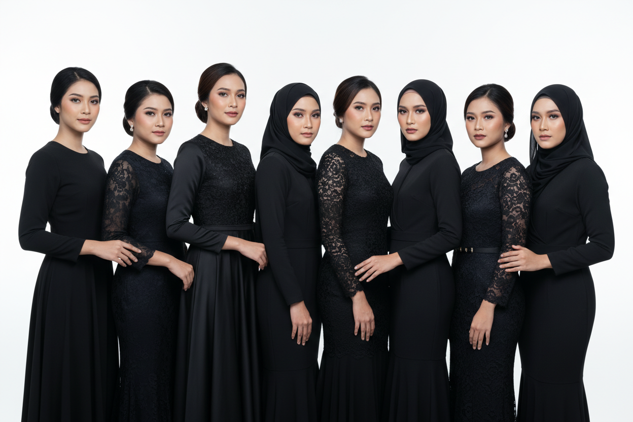 all wearing a black or dark dress on a white background